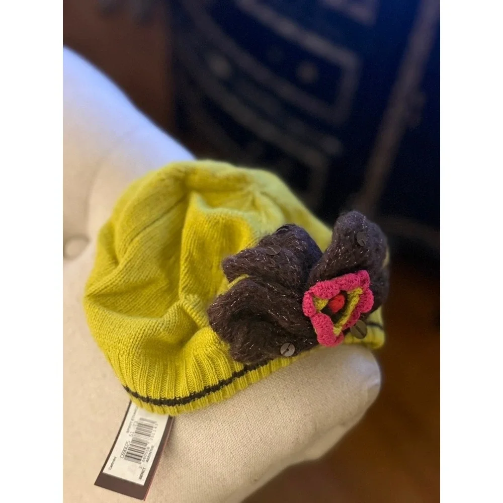 Vintage Catimini Girls Knit Beret Hat T3 Lime Green Floral Applique NWT